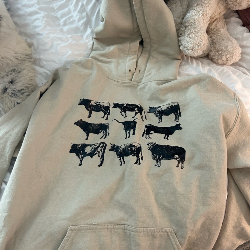 Beige Hoodie with Cow Print